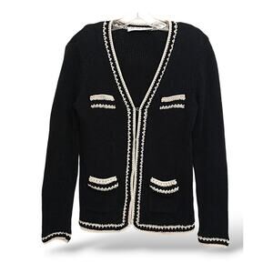 Trina Turk Crochet Cardigan Sweater Sz X Black Preppy Pockets Holiday Old Money